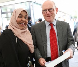 Nowshin Sultana looks surprised to meet John Biggs in school on results day.
